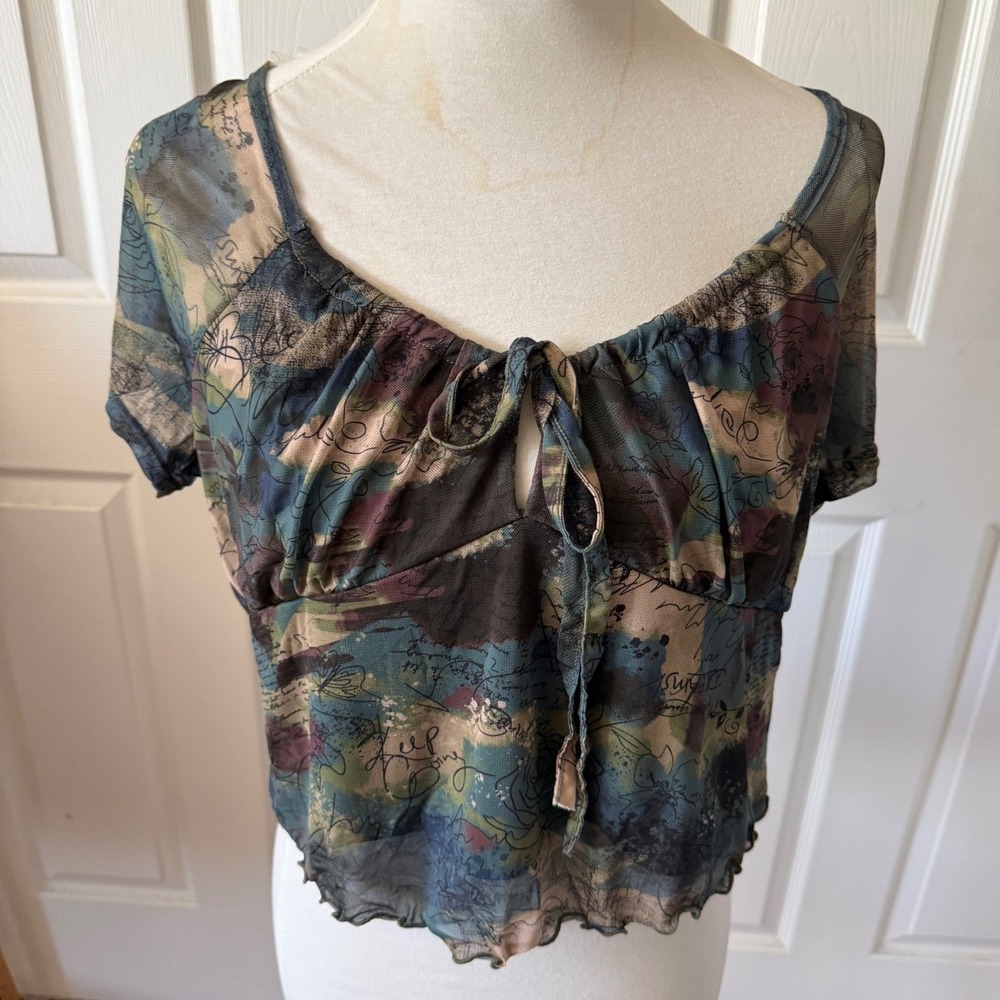 No Boundaries XXL Mesh Tie Front Keyhole Cropped Top Fairy Grunge Y2K Abstract